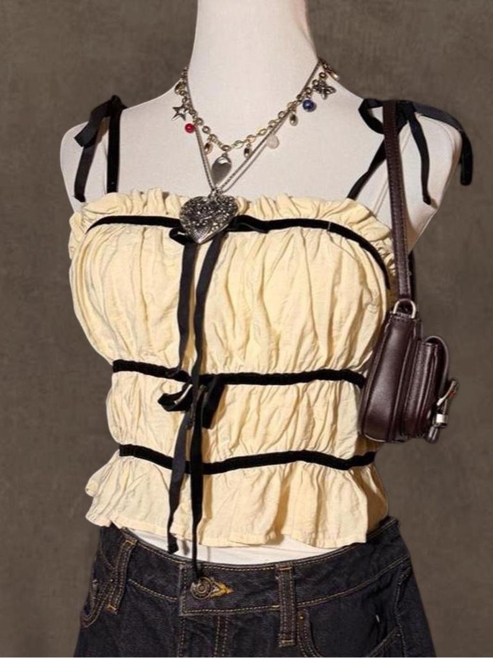 Cream Ruched Spaghetti Strap Tank with Black Trim